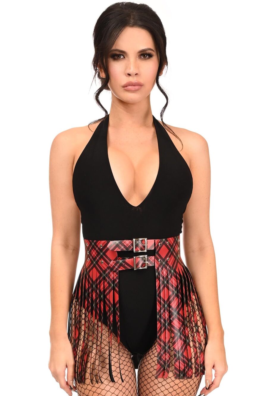 2202 Regular Plaid Faux Leather Fringe Skirt, Red/Black, Large